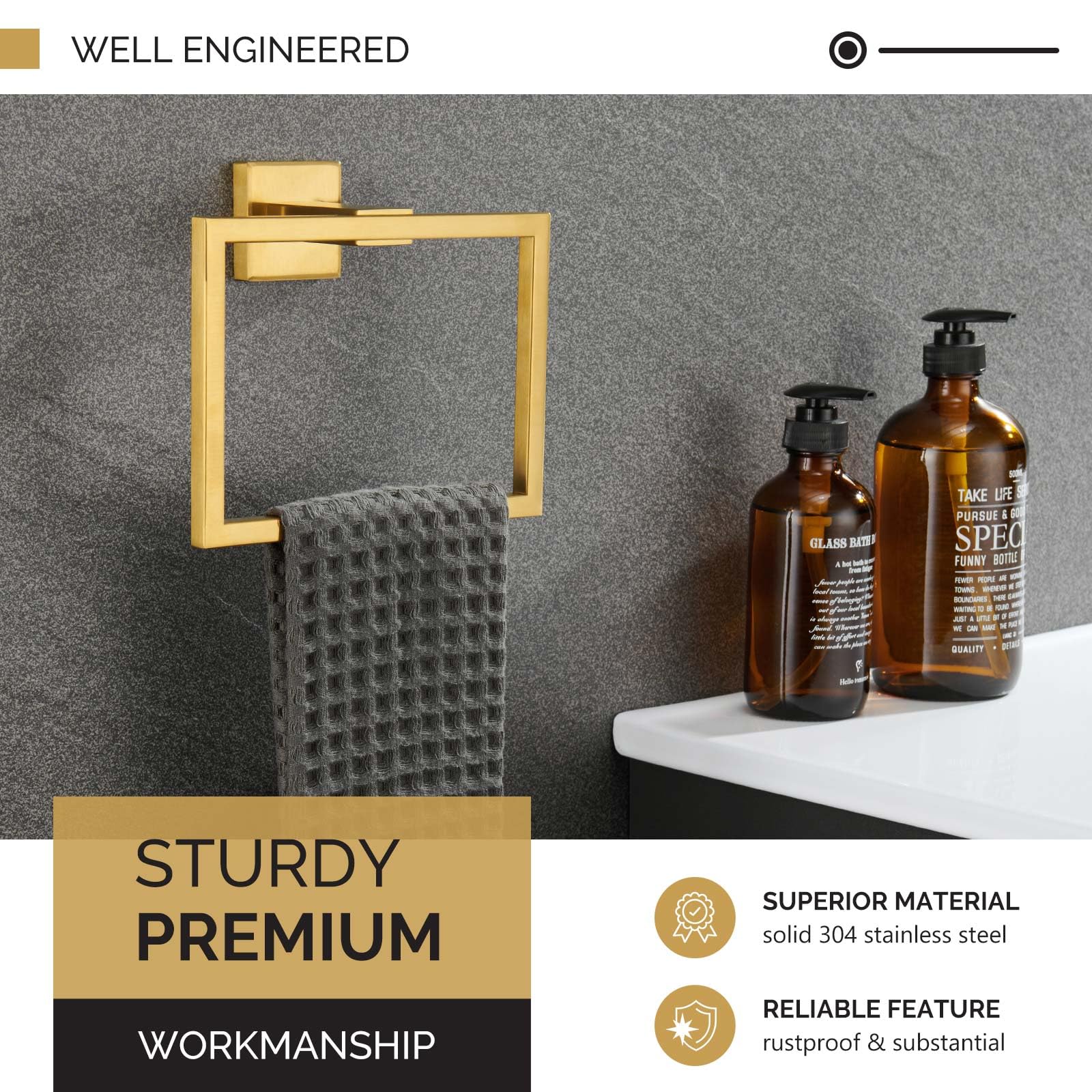 Angle Simple Towel Ring, Sus 304 Stainless Steel Square Bathroom Hand Towel Holder For Wall, Brushed Gold